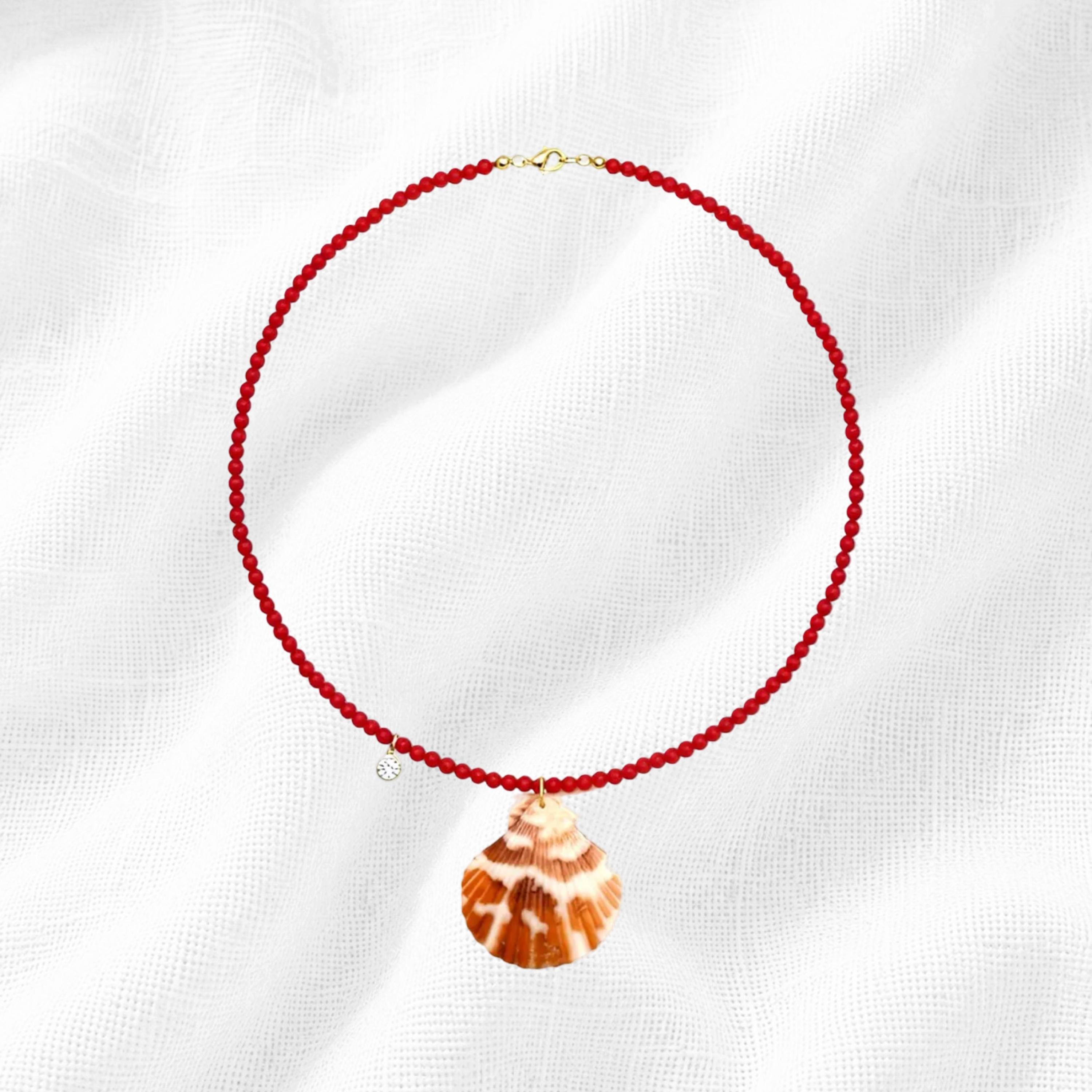Vintage Red Coral Scallop Shell Pendant Necklace