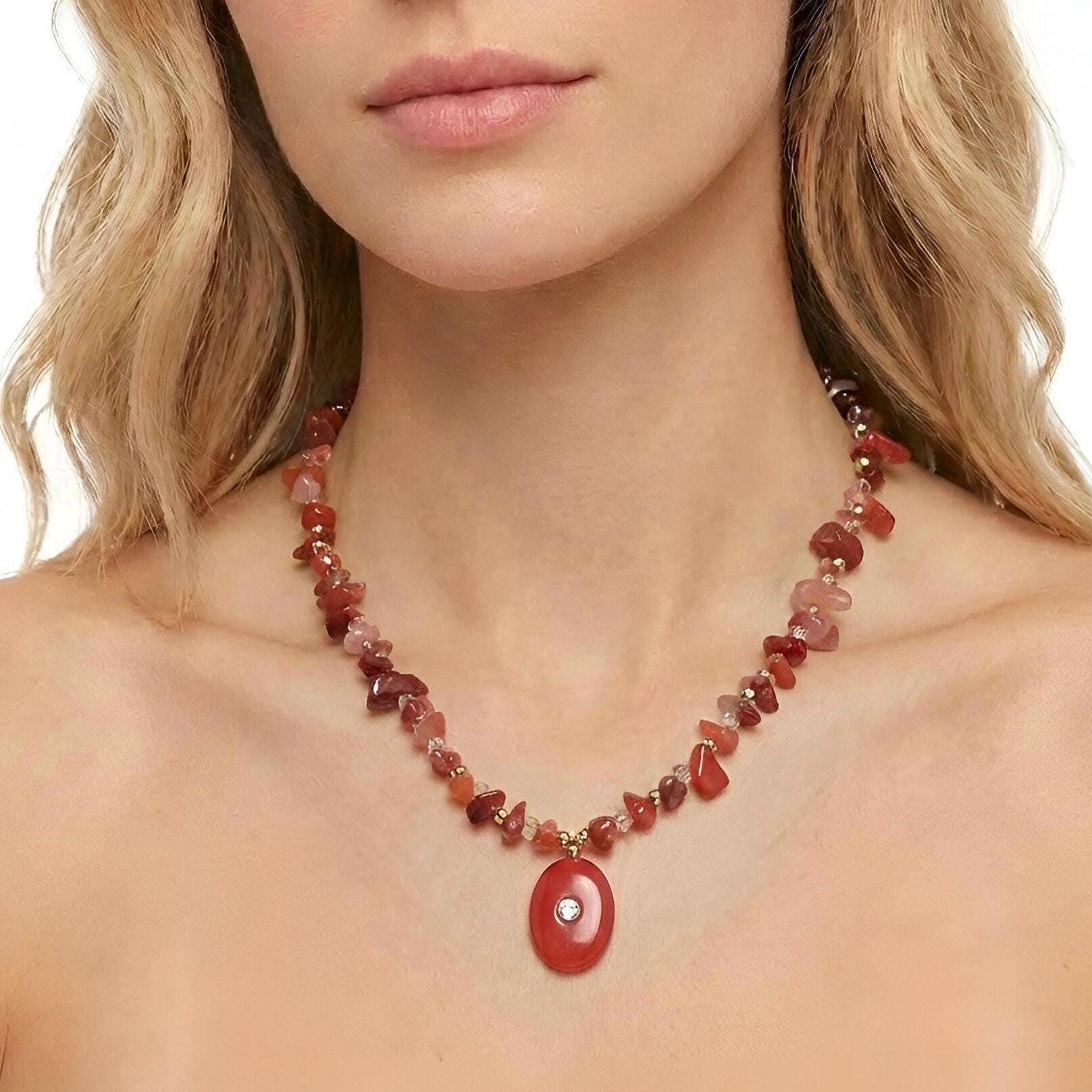 Carnelian Agate Necklace, Gold Faceted Crystal Pendant