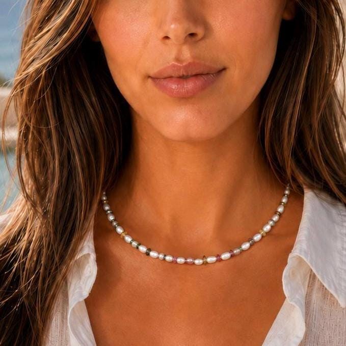 Vintage Rice Pearl Watermelon Tourmaline Necklace