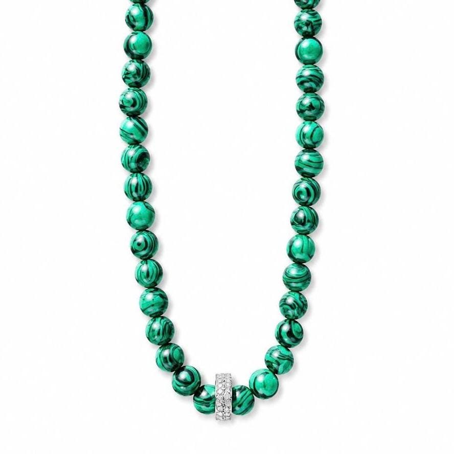 Malachite Bead Necklace, Sterling Silver Crystal Pendant