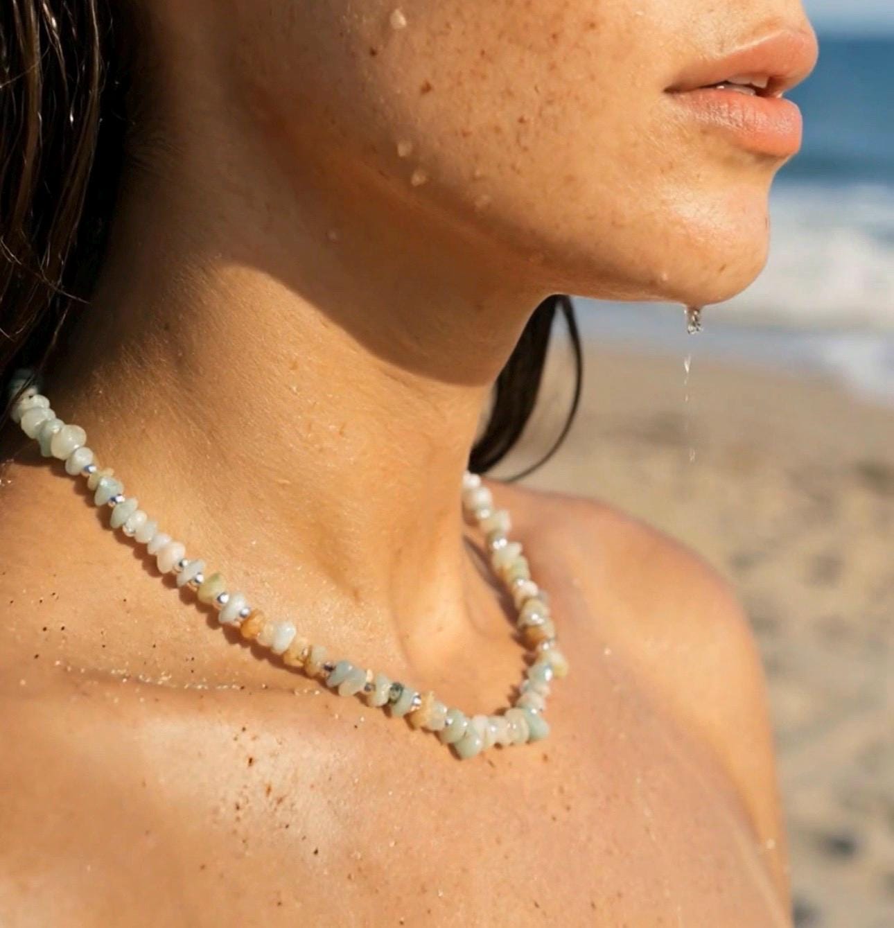 Amazonite Beaded Necklace, Sterling Silver Clasp