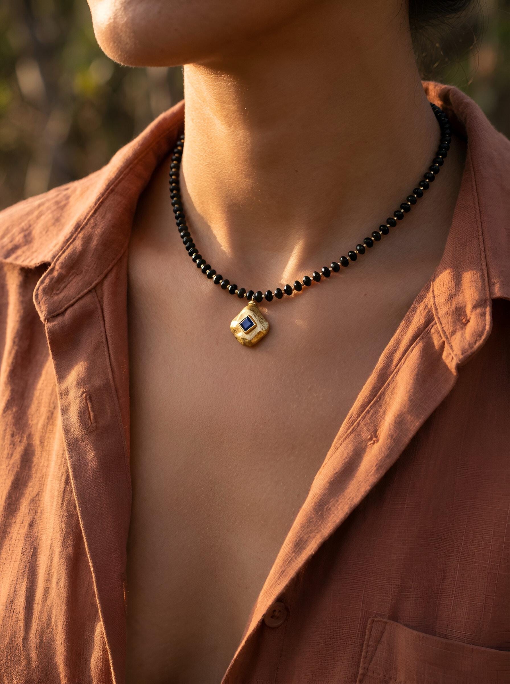 Black Agate Picture Jasper Lapis Lazuli Beaded Necklace
