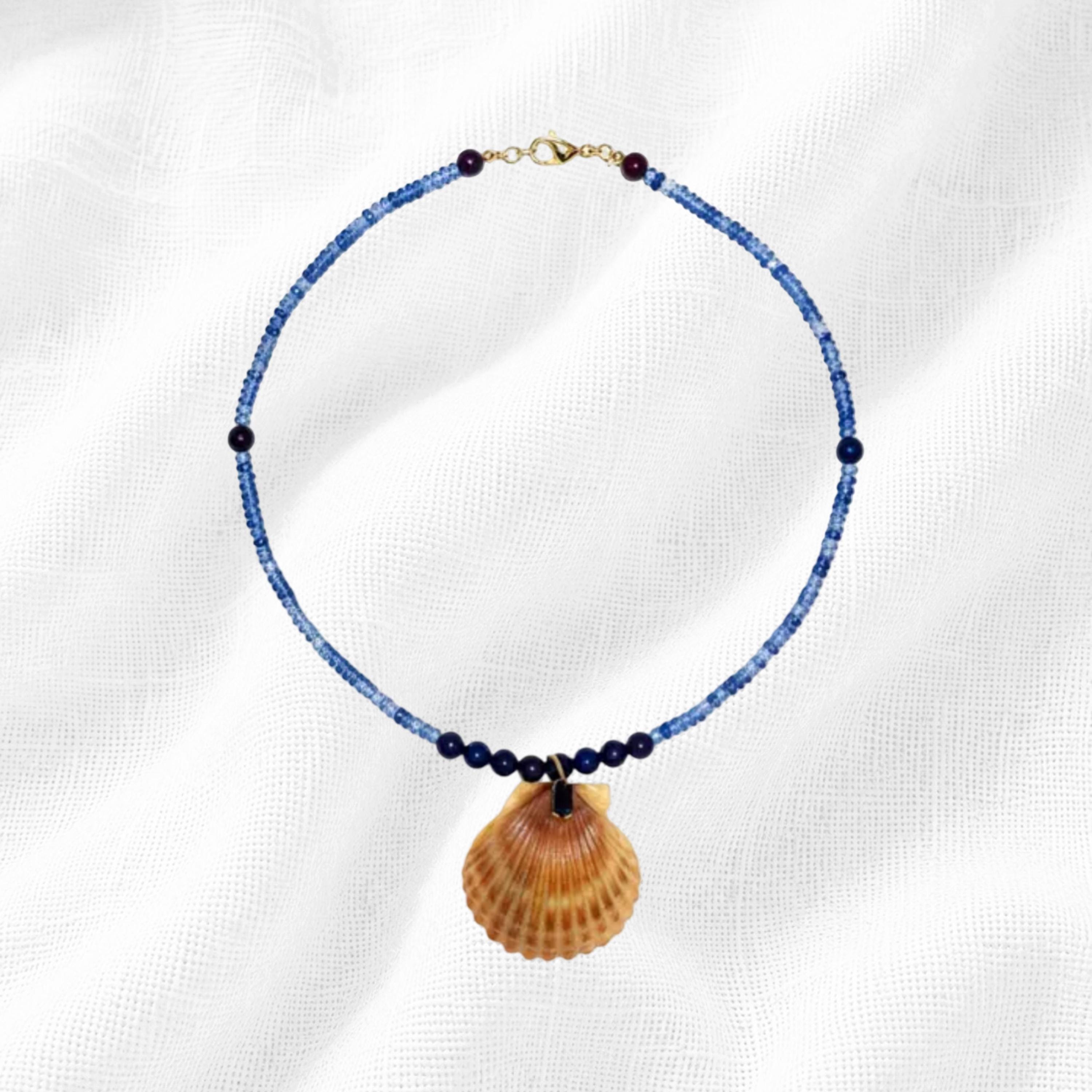 Vintage Blue Agate Lapis Scallop Shell Pendant Necklace