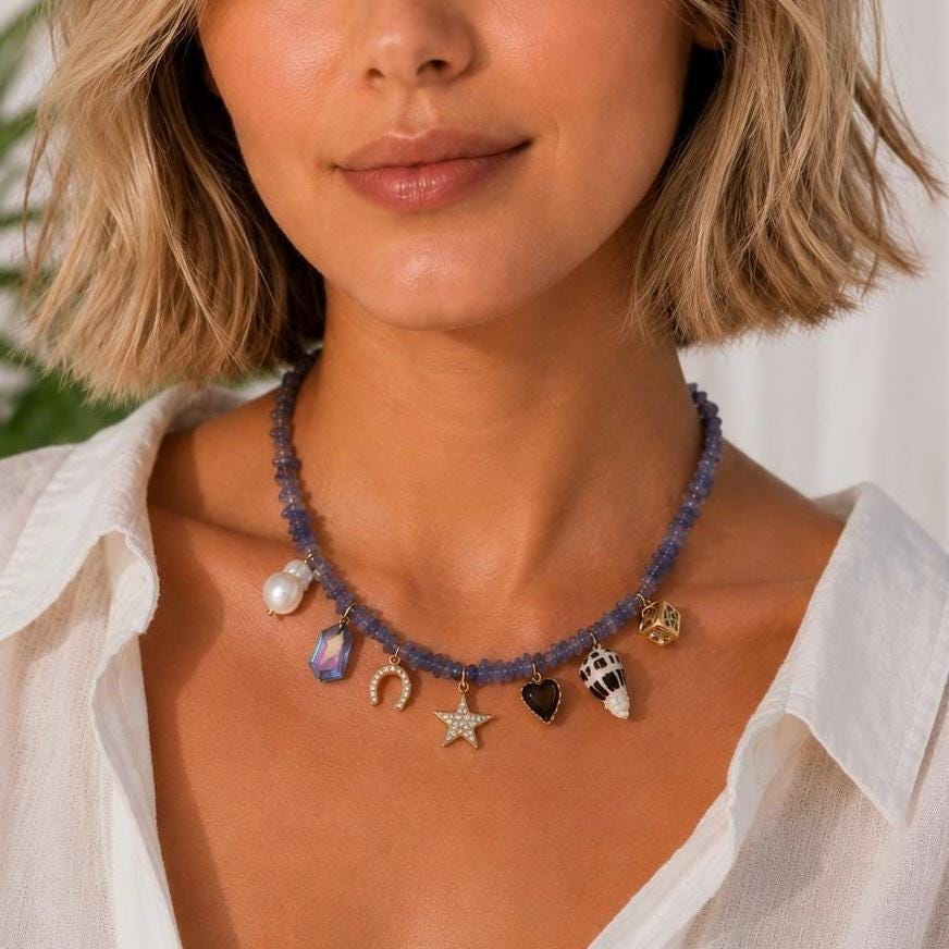 Tanzanite Lapis Pearl Charm Necklace