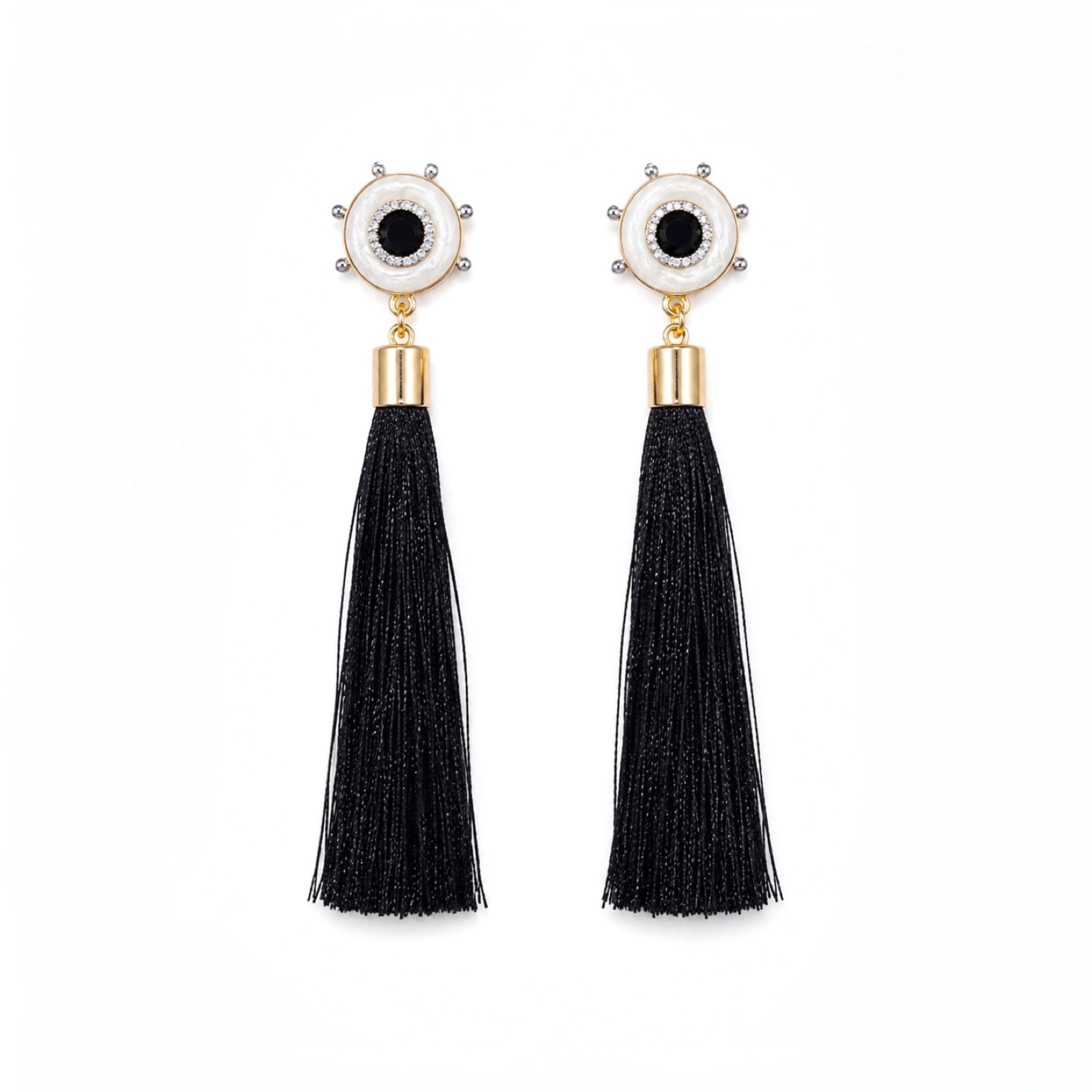 Black Silk Tassel Earrings, Pearl Crystal Statement Drops