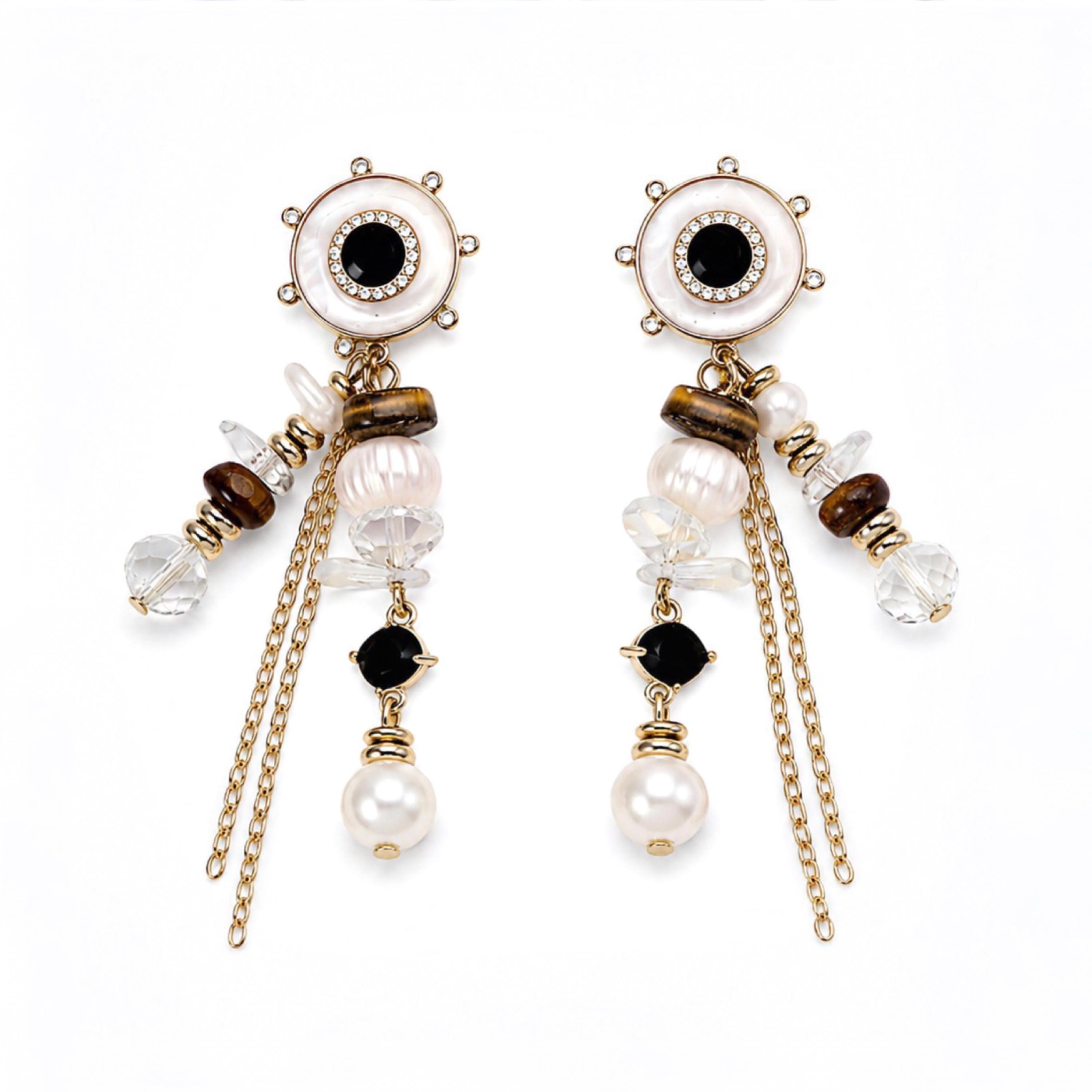 Pearl Drop Chandelier Earrings, Tiger Eye Quartz