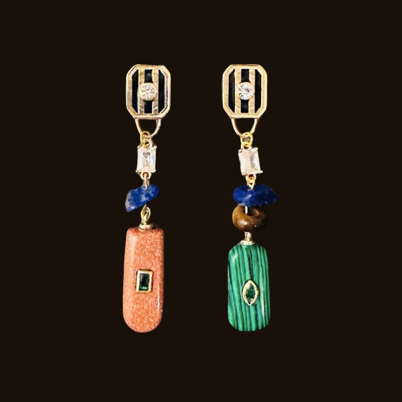 Black lacquer gemstone earrings